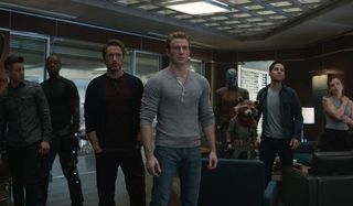 Avengers: Endgame office scene where several Avengers are lined up