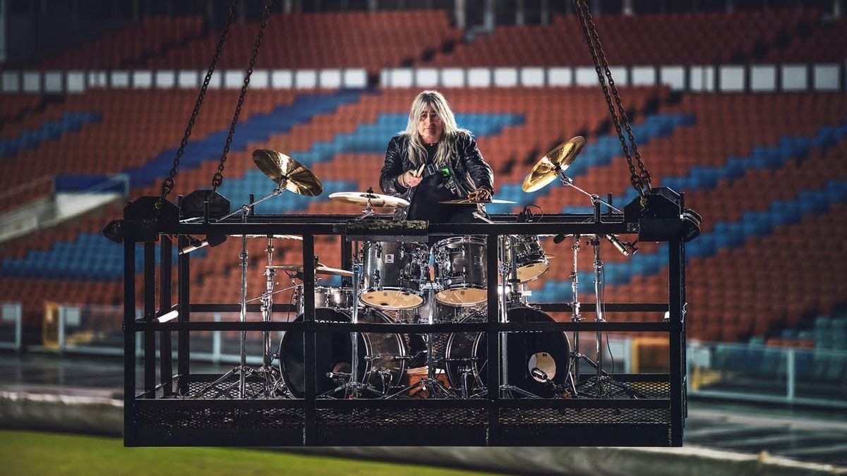 Mikkey Dee behind his kit at the Ullevi Stadium in Gothenburg 