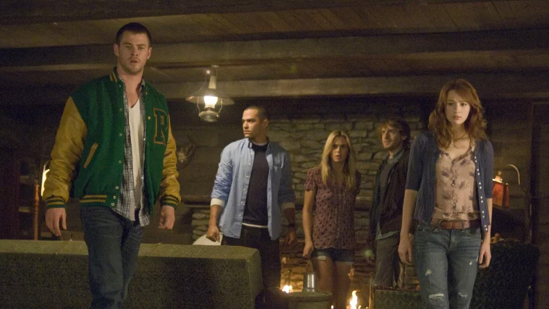 Curt (Chris Hemsworth), Holden (Jesse Williams), Jules (Anna Hutchison), Marty (Fran Kranz) and Dana (Kristen Connolly) in The Cabin in the Woods.