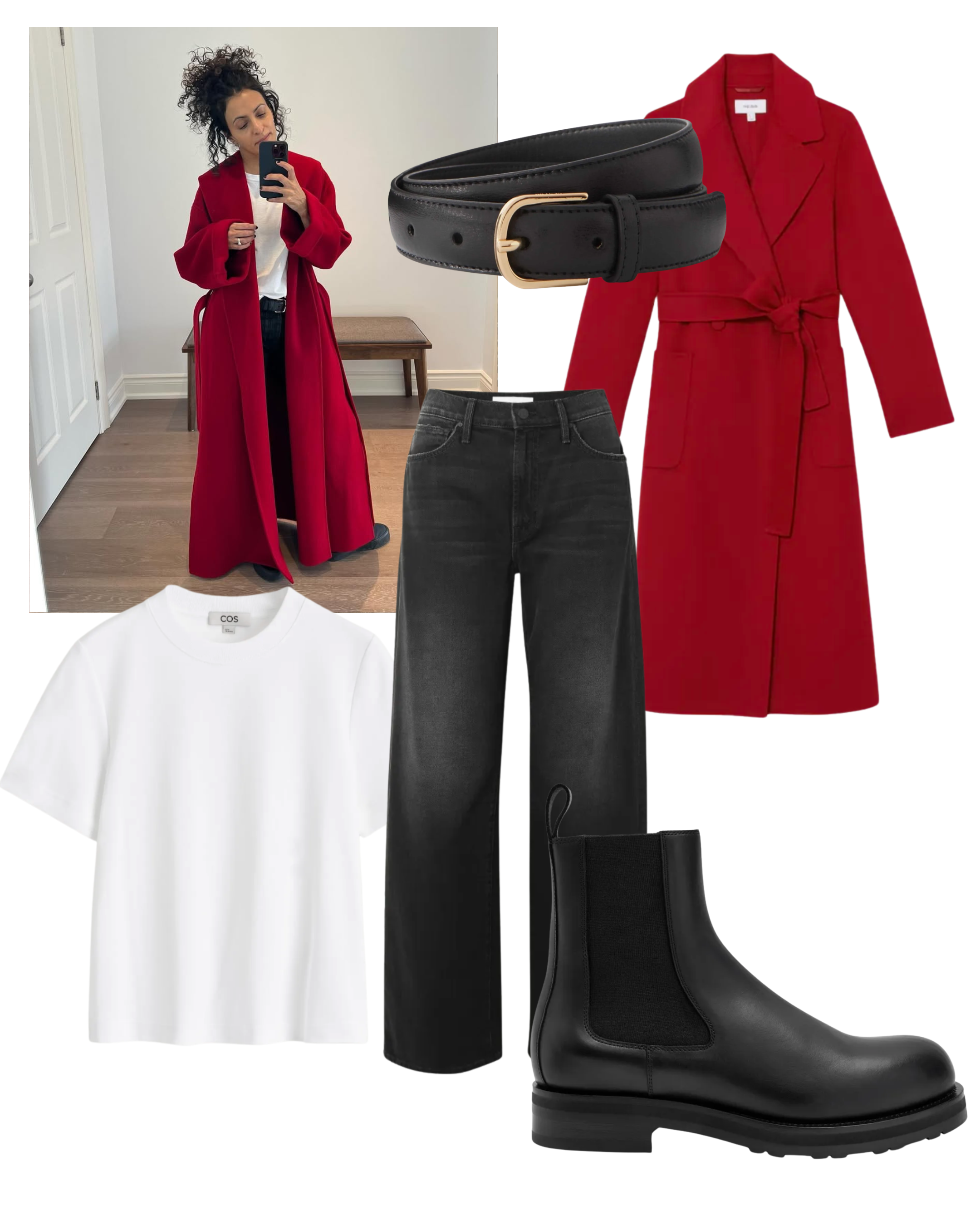 @neelam.ahooja wears read coat, black jeans, white t-shirt