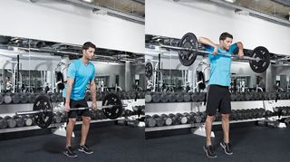 Man in gym demonstrates two positions of the high pull using a barbell