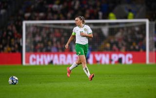 Katie McCabe of Republic of Ireland during the UEFA Women's EURO 2025 Play-off Round Two first leg match between Wales and Republic of Ireland at Cardiff City Stadium in Wales.