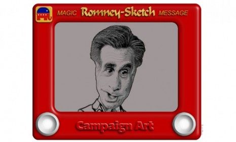 Mitt Romney&amp;#039;s Etch A Sketch gaffe has inspired caricatures, like this one created by a Flickr user, as well as attacks on the frontrunner&amp;#039;s character by his fellow candidates.