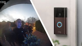 Split image of boys carol-singing outside, and a Ring video doorbell mounted on a wall