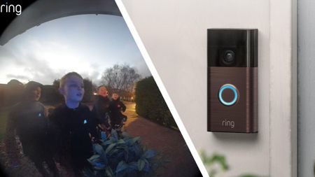 Split image of boys carol-singing outside, and a Ring video doorbell mounted on a wall