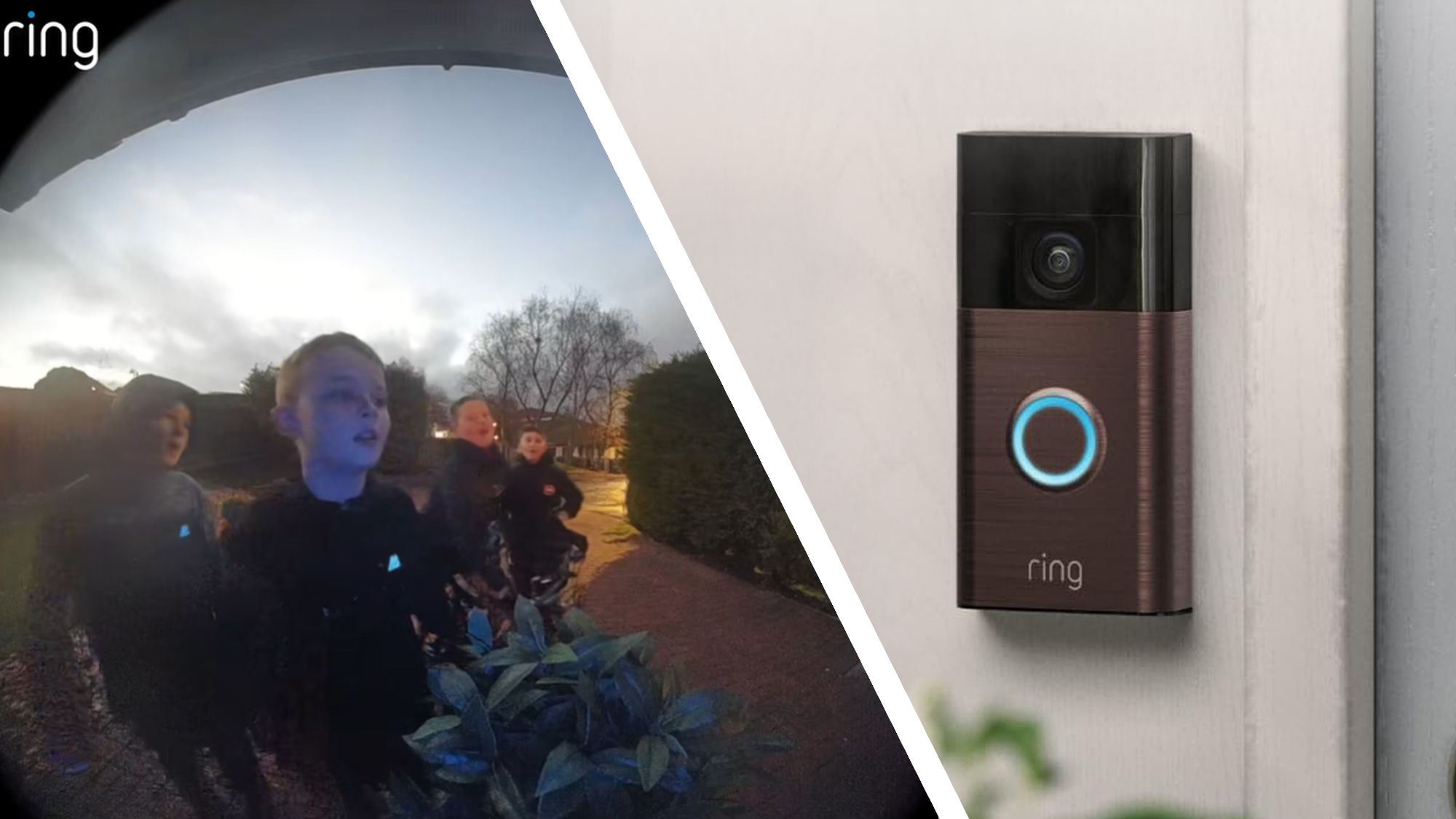 Split image of boys carol-singing outside, and a Ring video doorbell mounted on a wall