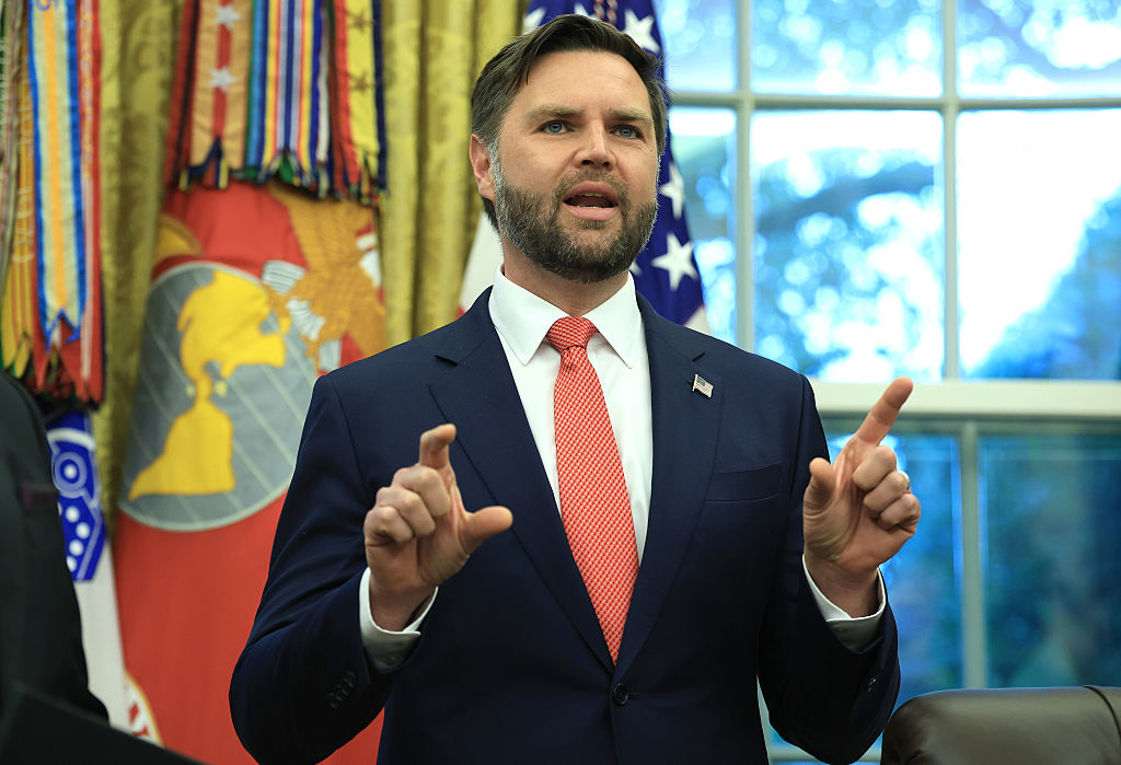 U.S. Vice President JD Vance speaks during a meeting 