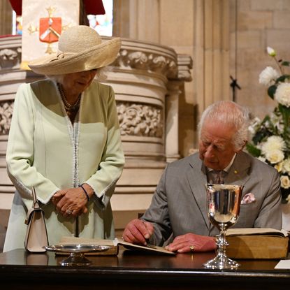 King Charles III and Queen Camilla arrive to attend a service at St. Thomas's Anglican Church on October 20, 2024 in Sydney, Australia.