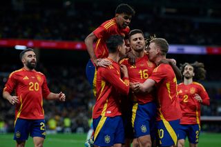 Spain Euro 2024 squad Rodri of Spain celebrates after scoring the team's first goal with Lamine Yamal of Spain, Alvaro Morata of Spain, Dani Carvajal of Spain and Dani Olmo of Spain during the International Friendly match between Spain and Brazil at Estadio Santiago Bernabeu on March 26, 2024 in Madrid, Spain. (Photo by Pablo Morano/BSR Agency/Getty Images)