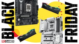 Two motherboards and two sticks of RAM on a yellow background with the words Black Friday on the side.