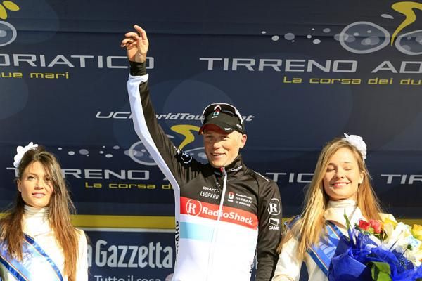 Chris Horner (RadioShack-Nissan) on the podium to receive his leader's jersey.