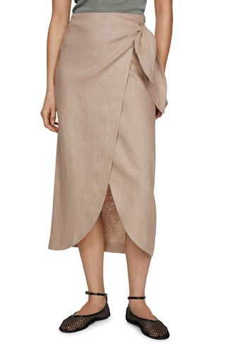 Wrap Front Linen Midi Skirt