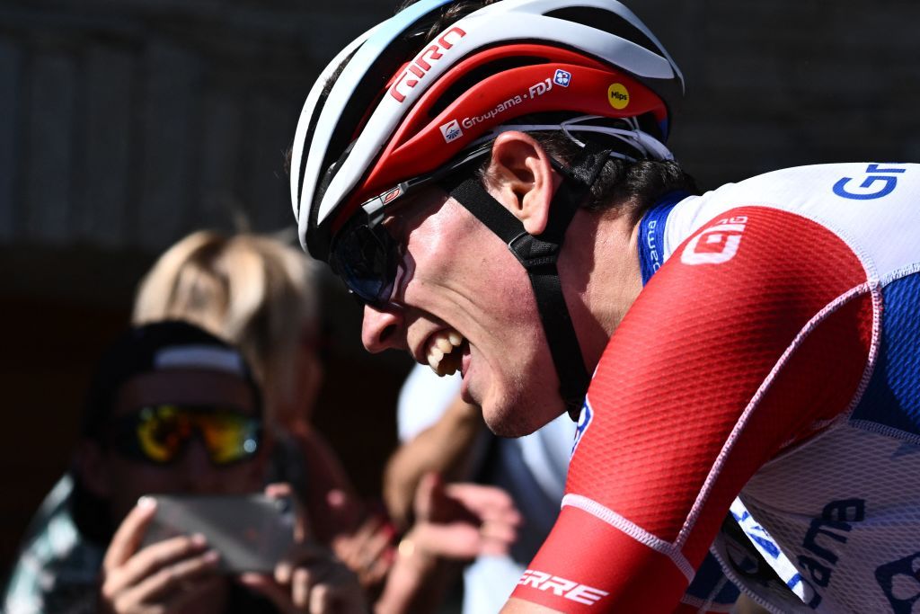 Groupama FDJ teams French rider David Gaudu reacts at the end of the seventh stage of the 74th edition of the Criterium du Dauphine cycling race 135kms between SaintChaffrey to Vaujany southeastern France on June 11 2022 Photo by Marco BERTORELLO AFP Photo by MARCO BERTORELLOAFP via Getty Images