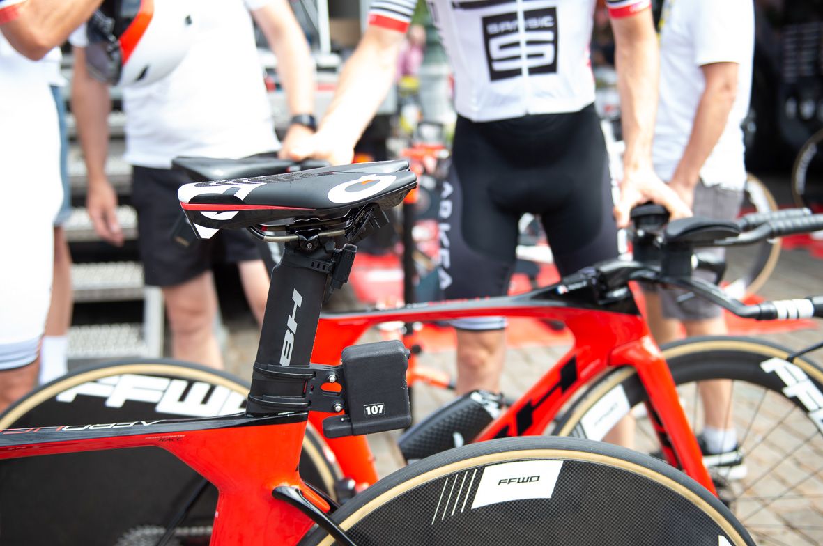 For road and time trial bikes, all riders use data transmitters, usually attached underneath the saddle to the rear