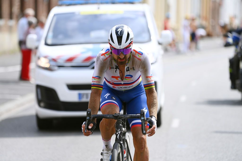 WALLERS FRANCE JULY 06 Peter Sagan of Slovakia and Team Total Energies dropped from the peloton during to the 109th Tour de France 2022 Stage 5 a 157km stage from Lille to WallersArenberg TDF2022 WorldTour on July 06 2022 in Wallers France Photo by Tim de WaeleGetty Images