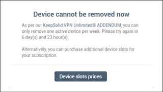 The KeepSolid website warning that only one VPN Unlimited device slots can be freed up per week