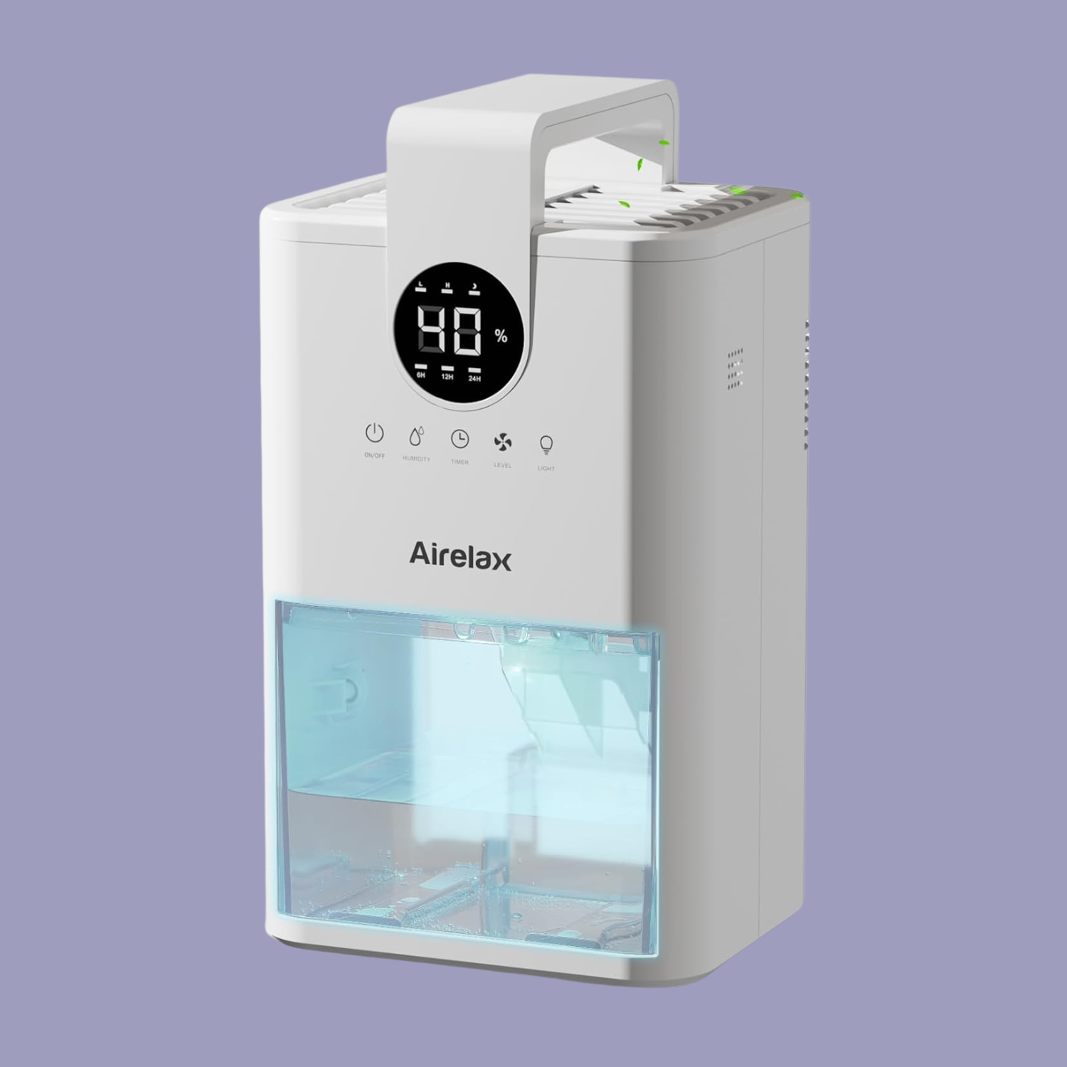 A white dehumidifier with a digital display against a purple backdrop
