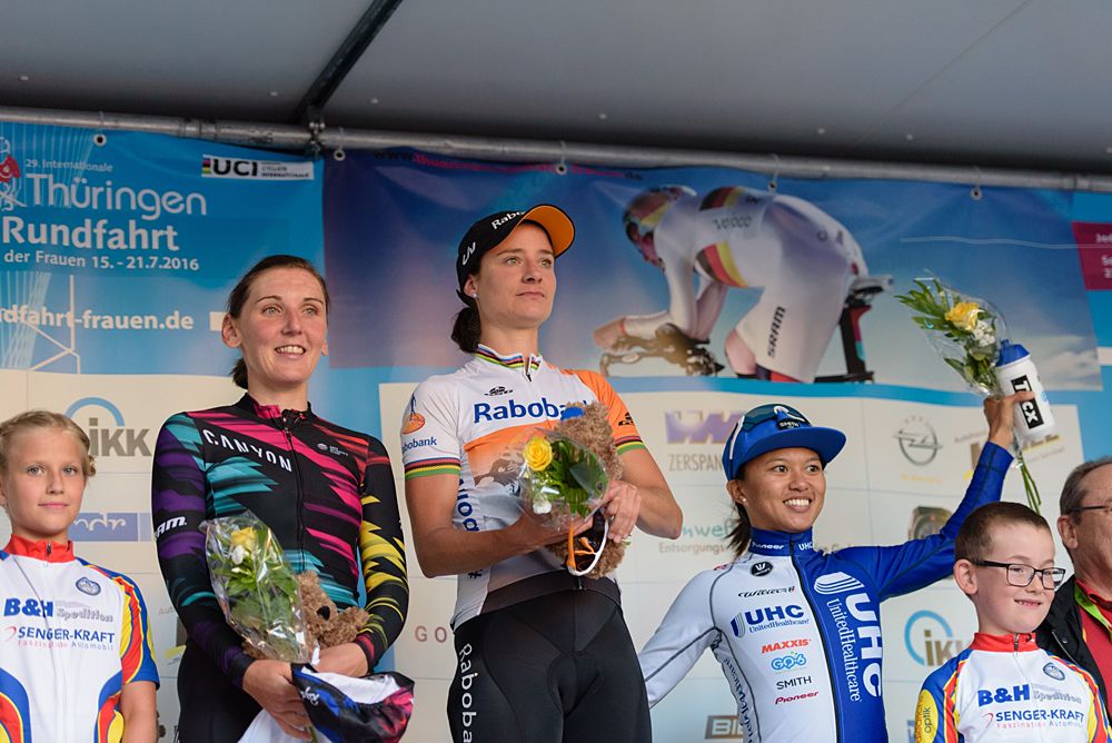 Stage podium: Marianne Vos, Lisa Brennauer and Coryn Rivera at Th&uuml;ringen Rundfarht 2016 - Stage 1