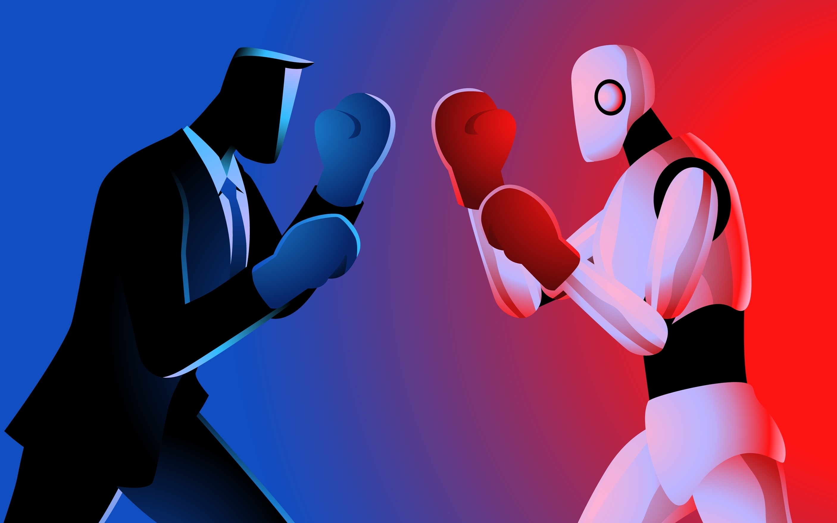 Businessman facing off against a robot in a boxing match.