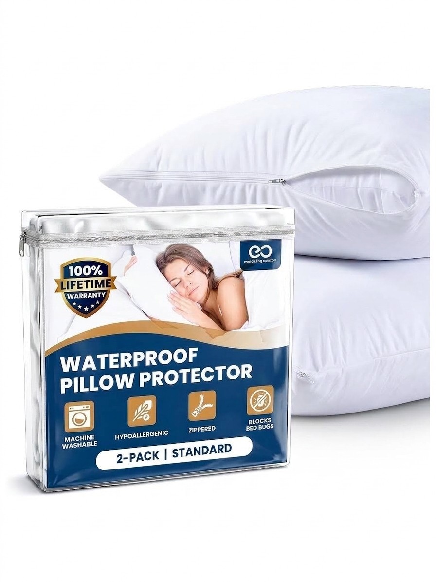 A package containing Everlasting Comfort Waterproof Pillow protectors. In the background you can see tow pillows with the protectors on. Edited by Gemini