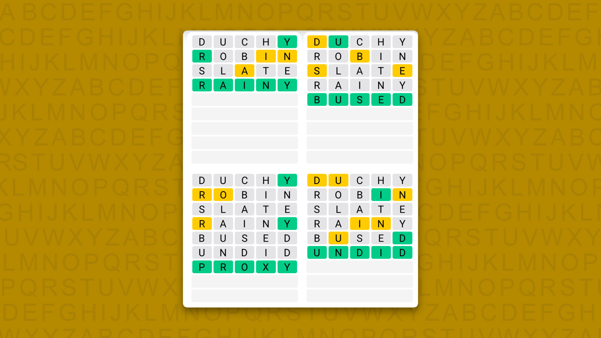 Quordle answers for game 1735 on a yellow background