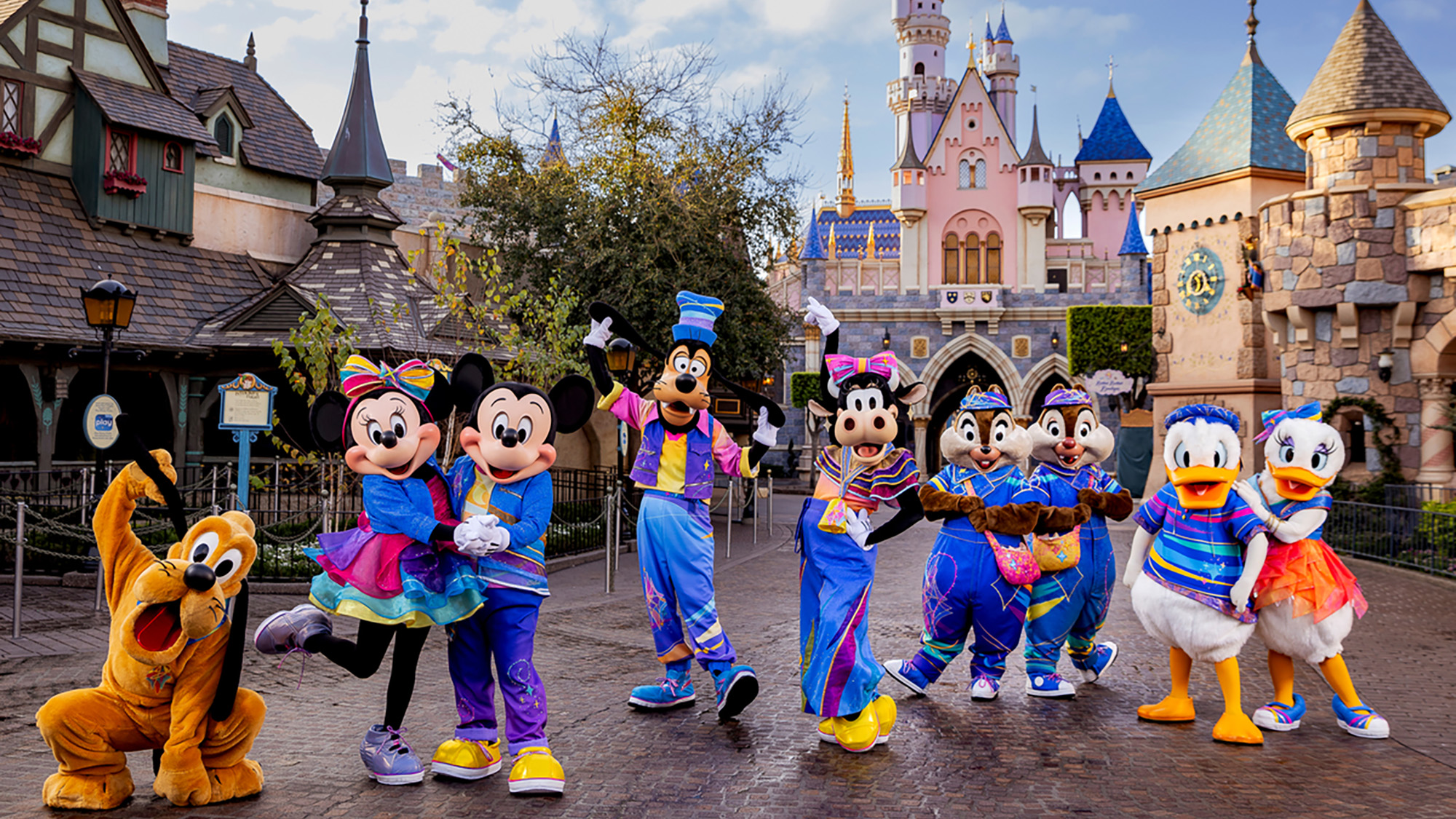 A press shot of Pluto, Mickey, Minnie, Goofy, Chip and Dale and Donald and Daisy Duck at Disneyland for 70th Anniversary.
