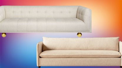 two beige linen sofas