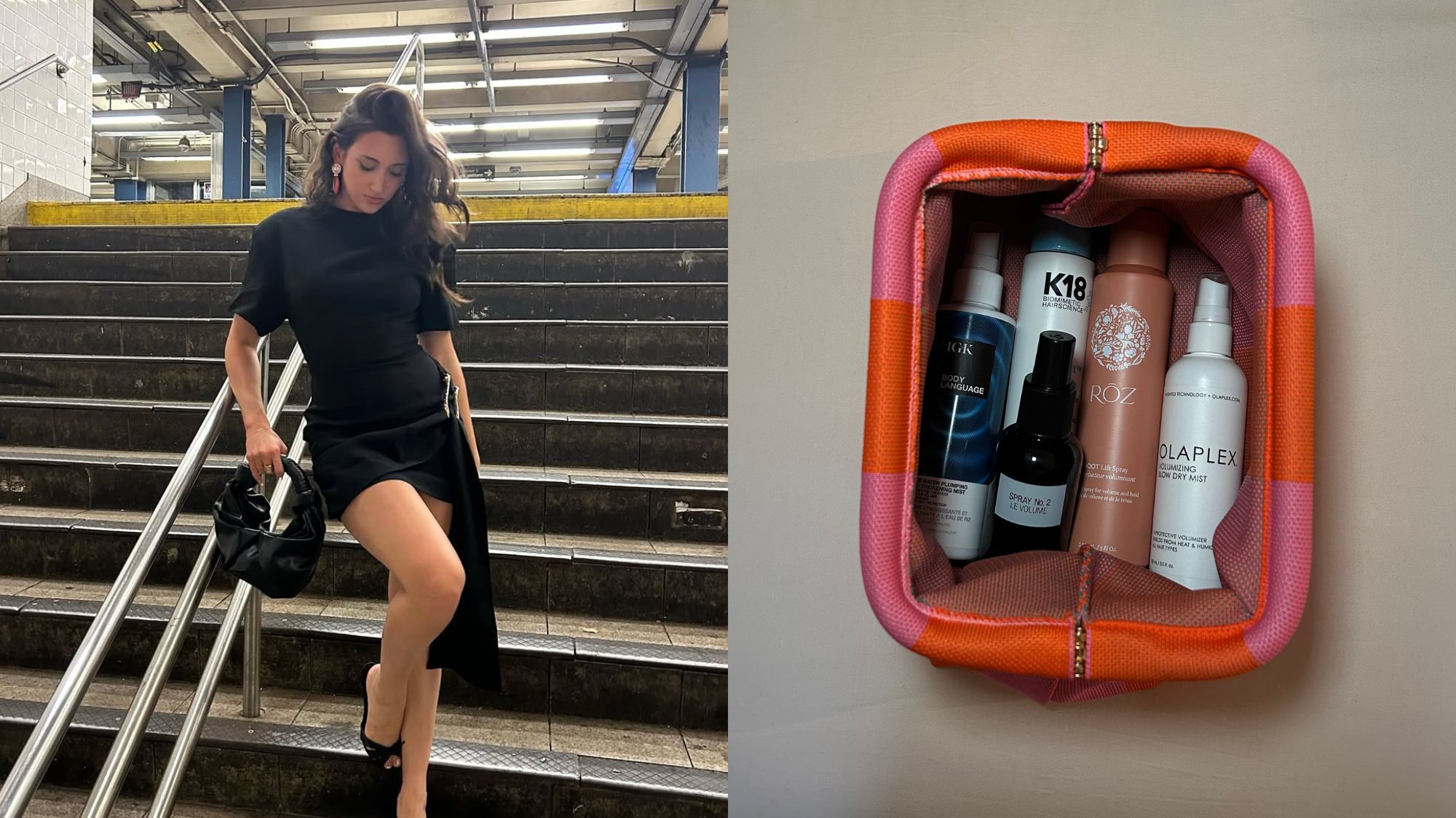 Alyssa Brascia with volumized hair and a bag of her hair volumizing sprays.