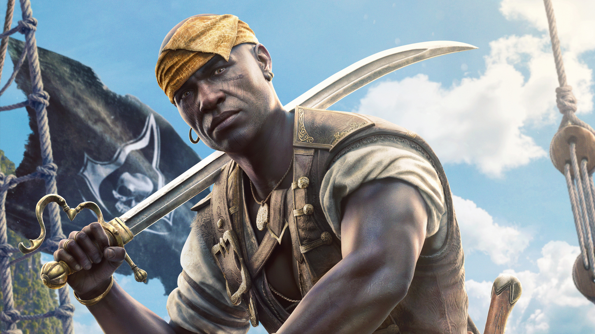 A cropped closeup of Adwale in Assassin's Creed Black Flag Resynced