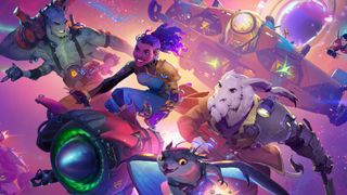 Four characters from Wildgate trailed by a spaceship while in a purple pocket of space.