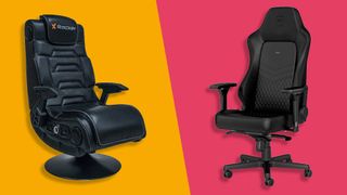 A X-Rocker Pro Series console gaming chair on a yellow background and a noblechair HERO PC gaming chair on a pink background