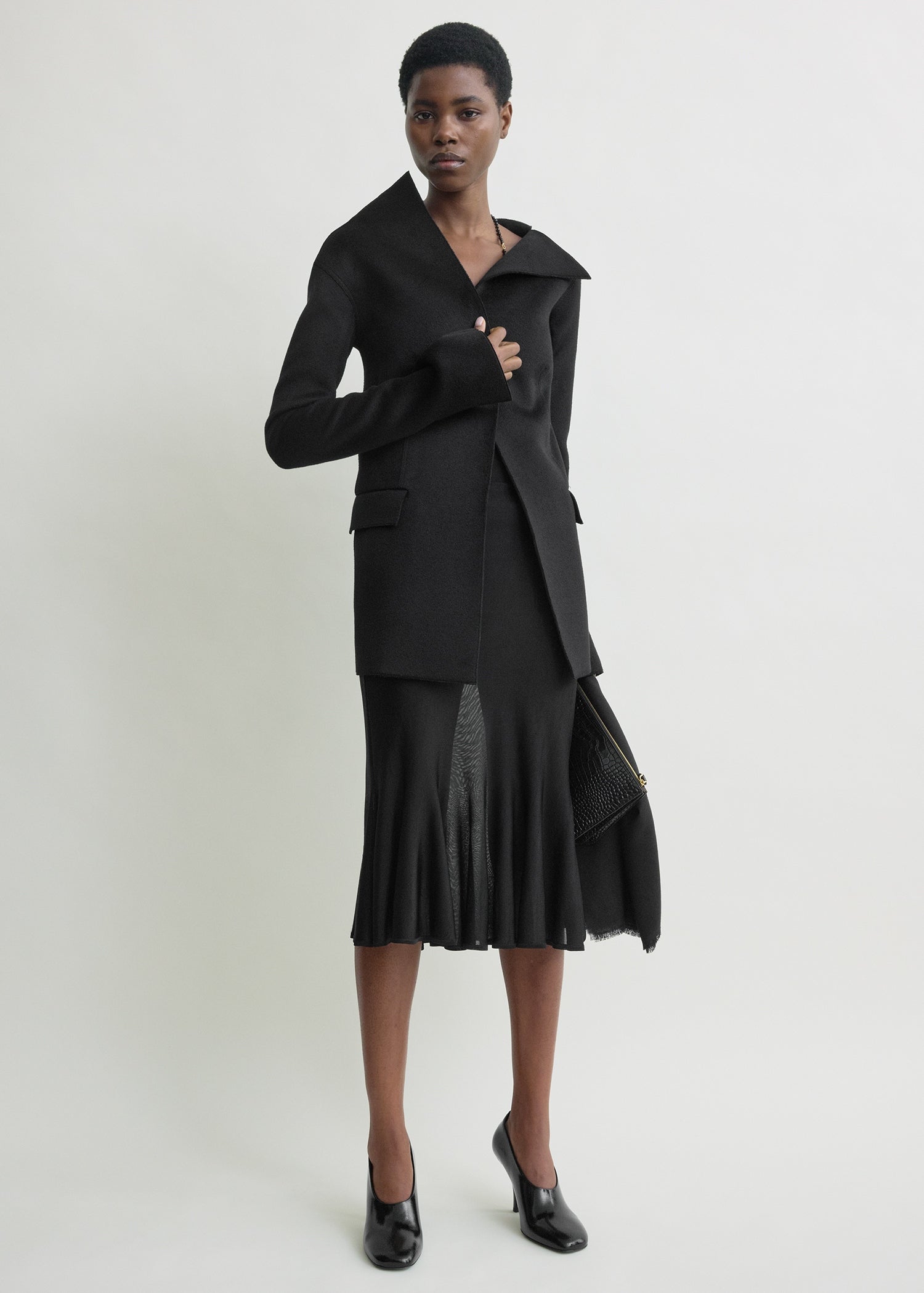 Open Collar Wool Jacket Black - 30