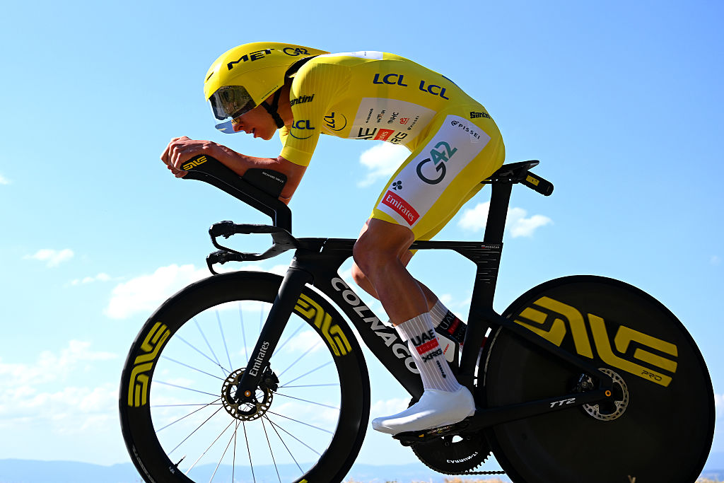 THONON-LES-BAINS, FRANCE - JULY 21: Tadej Pogacar of Slovenia and UAE Team Emirates - XRG - Yellow Leader Jersey competes during the 113th Tour de France 2026, Stage 16 a 26.1km individual time trial stage from Evian-les-Bains to Thonon-les-Bains / #UCIWT / on July 21, 2026 in Thonon-les-Bains, France. (Photo by Tim de Waele/Getty Images)