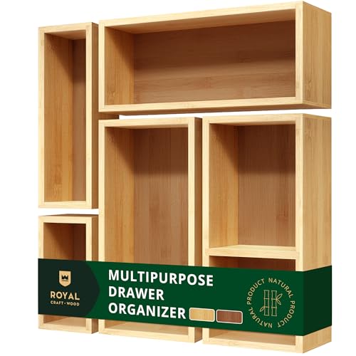 Royal Craft Wood 5-Piece Bamboo Drawer Organizer Set &amp;ndash; Multi-Use Storage Trays for Kitchen, Bathroom, Office, Makeup, Jewelry &amp;amp; More &amp;ndash; Junk Drawer Tray, Utensil Holder, Storage Box &amp;amp; Bin Set (5 Boxes)