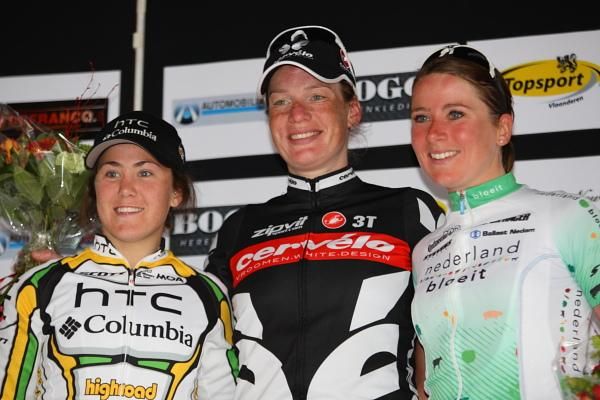 The race podium: Chloe Hosking (HTC - Columbia Women), Kirsten Wild (Cervelo Test Team) and Annemiek Van Vleuten (Nederland Bloeit)