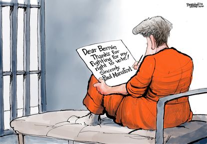 Political Cartoon U.S. Bernie Sanders voting rights prisoners Paul Manafort