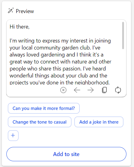Bing Chat's Compose feature writing a letter to join the local gardening club for the user.
