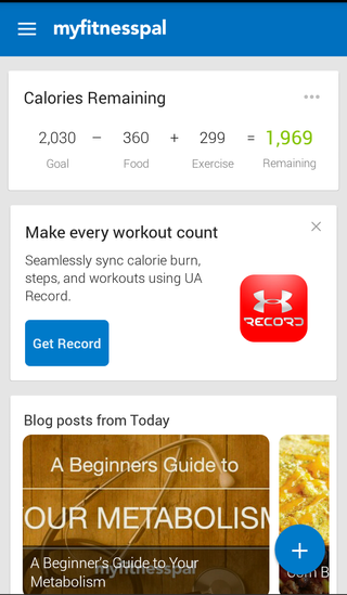 The home page from the Calorie Counter & Diet Tracker app by MyFitnessPal