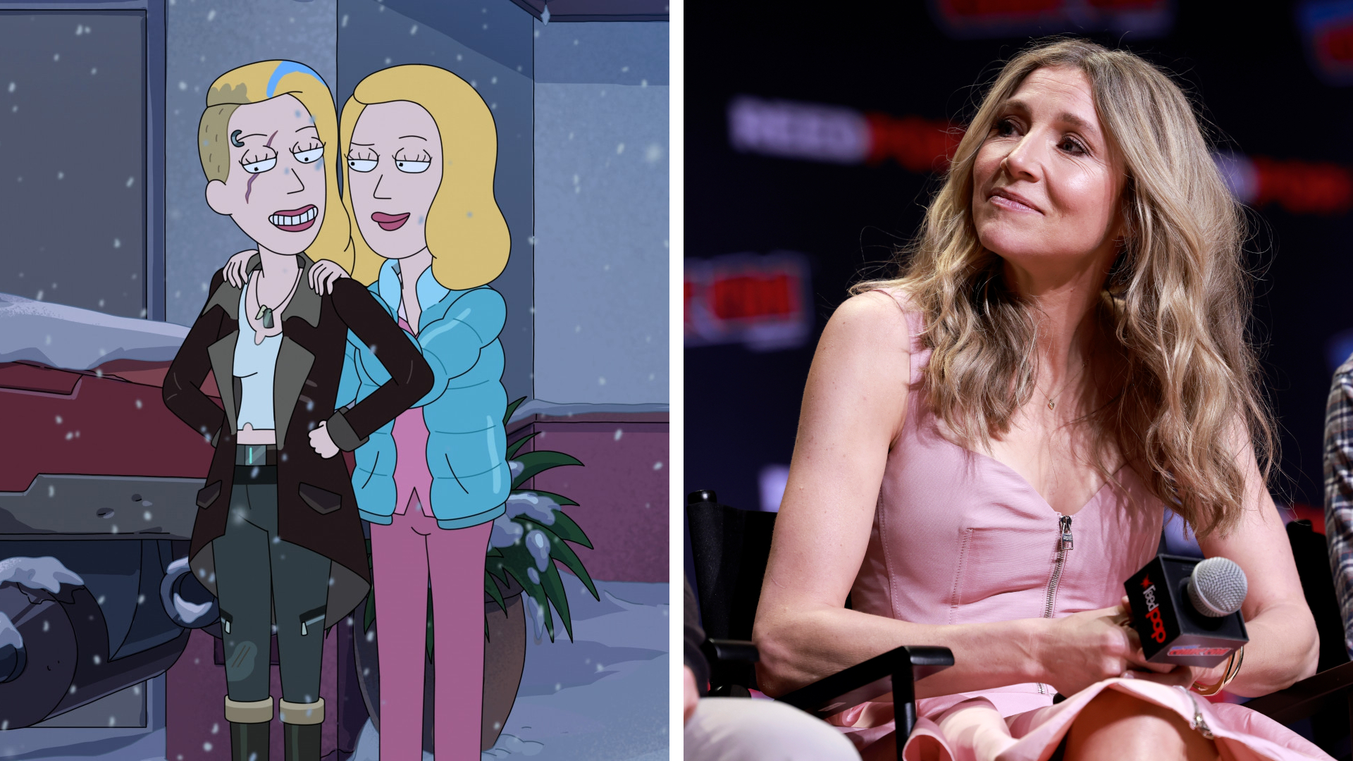 Beth and Space Beth from Rick and Morty, pictured alongside their voice actor Sarah Chalke
