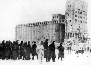 Captured German soldiers being lead to prisoner camps in Stalingrad, 1943. In the background is the grain silo.