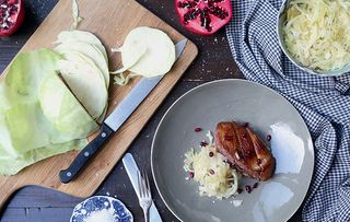 Pomegranate-molasses-glazed roasted duck breast with homemade sauerkraut