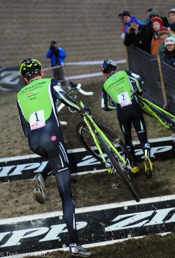 Ryan Trebon (Cannondale) chasing team-mate Tim Johnson over the barriers