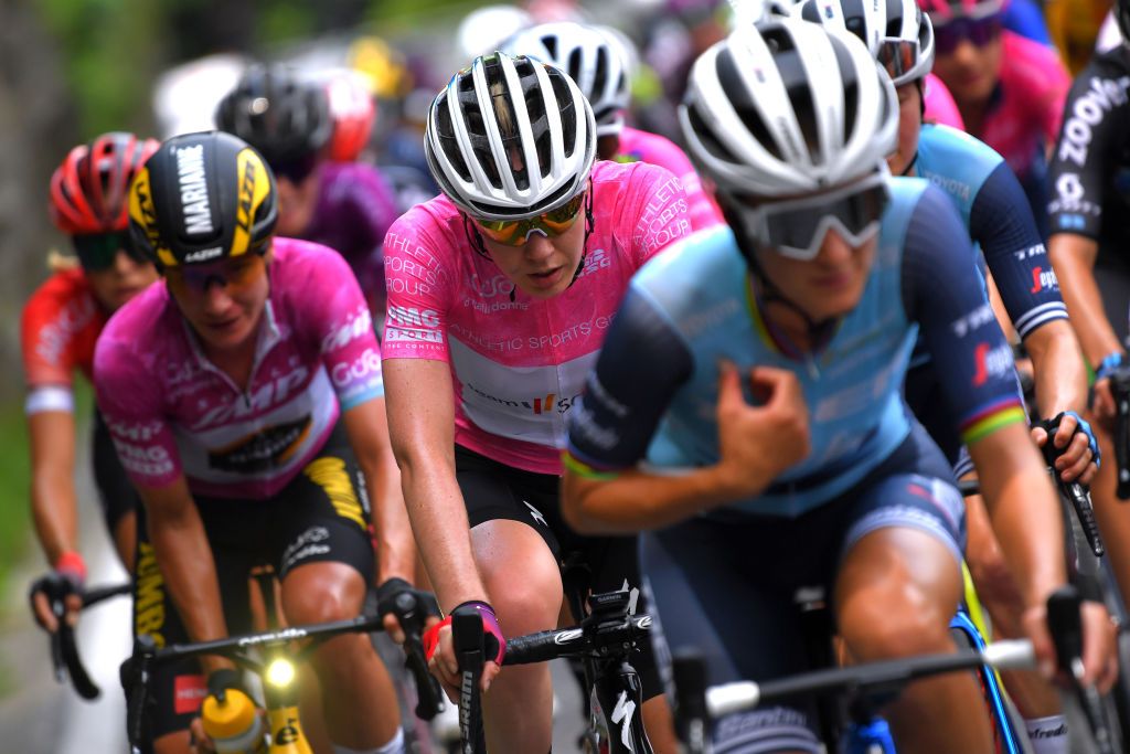 COLICO ITALY JULY 07 Anna Van Der Breggen of Netherlands and Team SD Worx Pink Leader Jersey during the 32nd Giro dItalia Internazionale Femminile 2021 Stage 6 a 155km stage from Colico to Colico GiroDonne UCIWWT on July 07 2021 in Colico Italy Photo by Luc ClaessenGetty Images