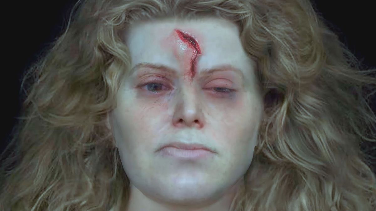 This facial reconstruction of a Viking woman&#039;s skull shows a deep head wound, possibly sustained during battle.