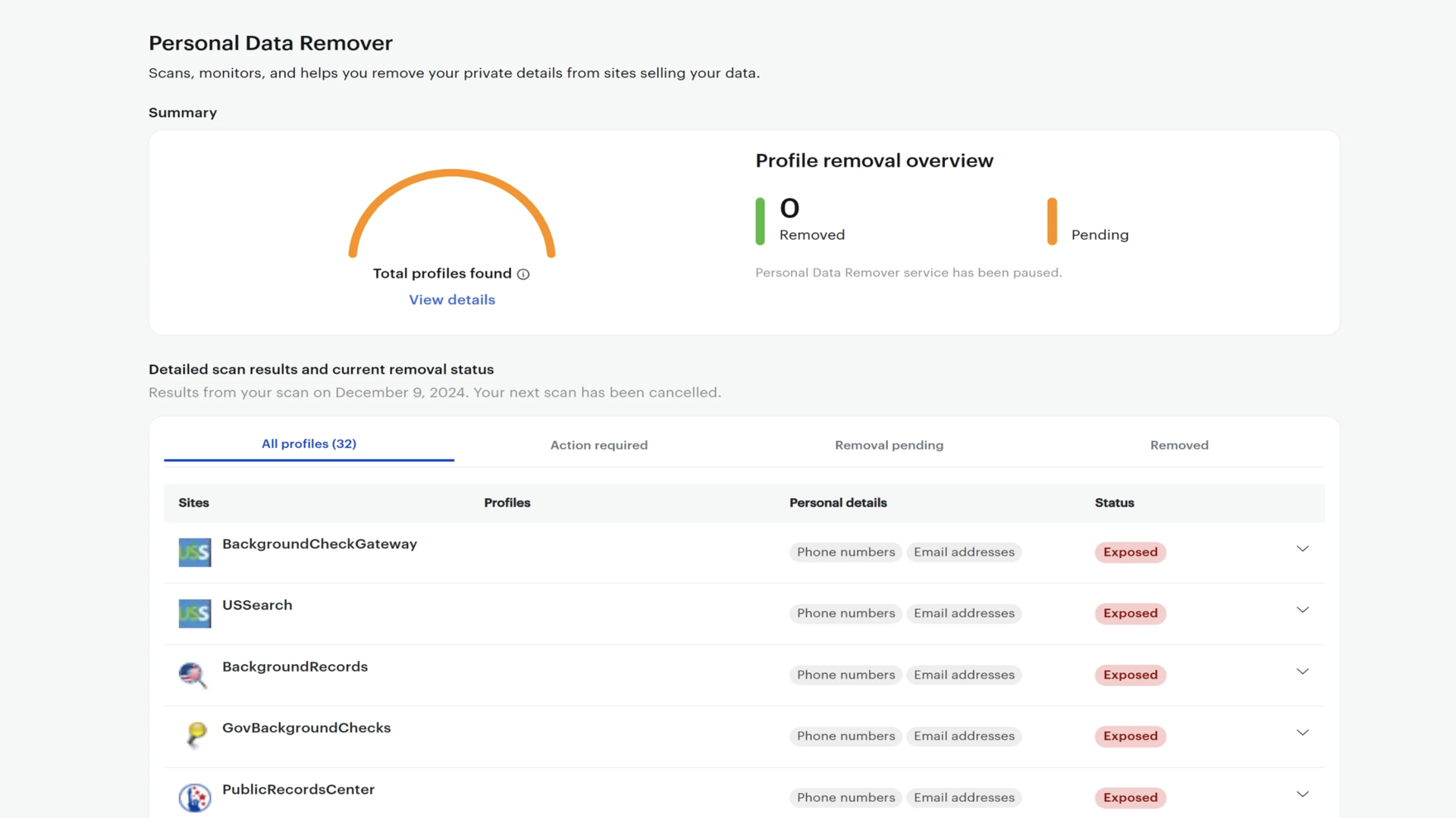 Malwarebytes’ Personal Data Remover user interface