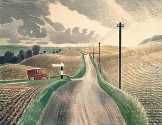 Illustration by ‘Ravilious in Picture, Wiltshire landscape, black telephone poles in a line at the side of a grey road, ploughed land, black and white directions sign, hills, trees, red van, green hedges, grey cloudy sky