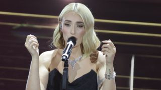 SANREMO ITALY - FEBRUARY 24,2026: Italian singer Mara Sattei performs onstage during the first night of the 76th Sanremo Italian Song Festival at the Ariston theatre, in Sanremo, Italy. (Photo credit should read Marco Ravagli/Future Publishing via Getty Images)