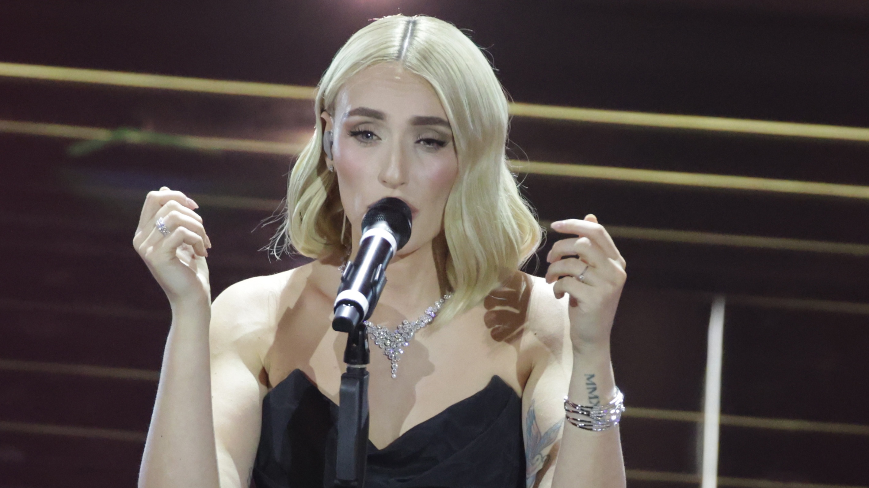 SANREMO ITALY - FEBRUARY 24,2026: Italian singer Mara Sattei performs onstage during the first night of the 76th Sanremo Italian Song Festival at the Ariston theatre, in Sanremo, Italy. (Photo credit should read Marco Ravagli/Future Publishing via Getty Images)