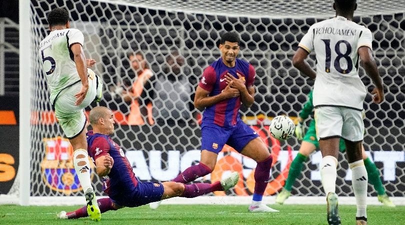 Jude Bellingham takes a shot in the pre-season clash between Real Madrid and Barcelona in Arlington, Texas.