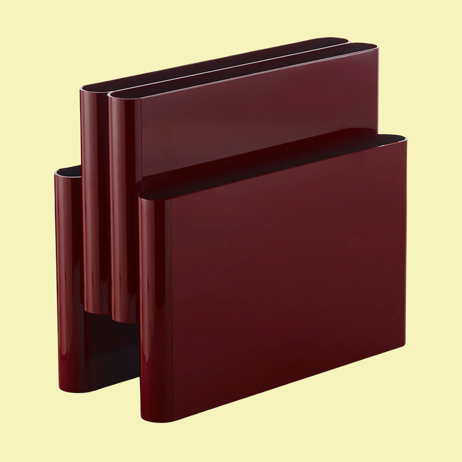 A wine-colored magazine rack